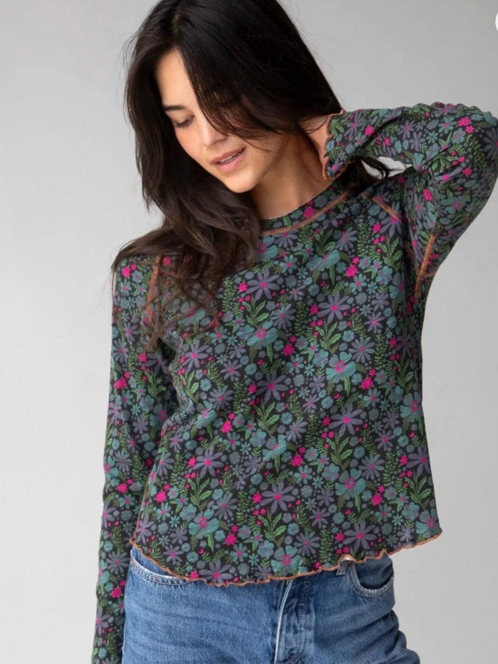 Natural Life Lily Cotton Long Sleeve Tee Shirt Dark Blue Garden Sz XL - Picture 2 of 11